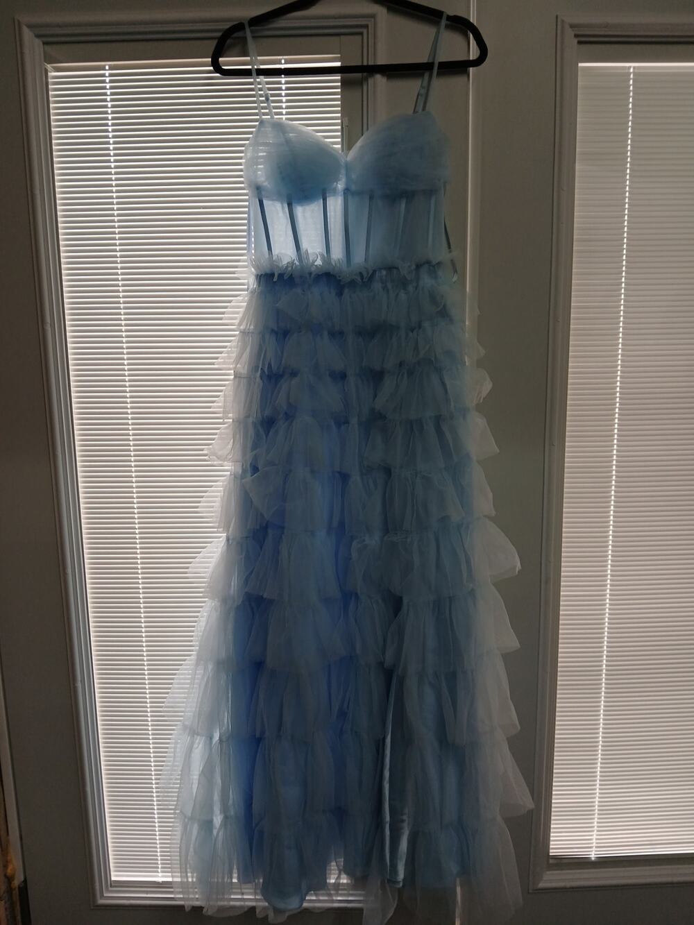 Stacees A-line Sheer Corset Ruffle Prom Dress